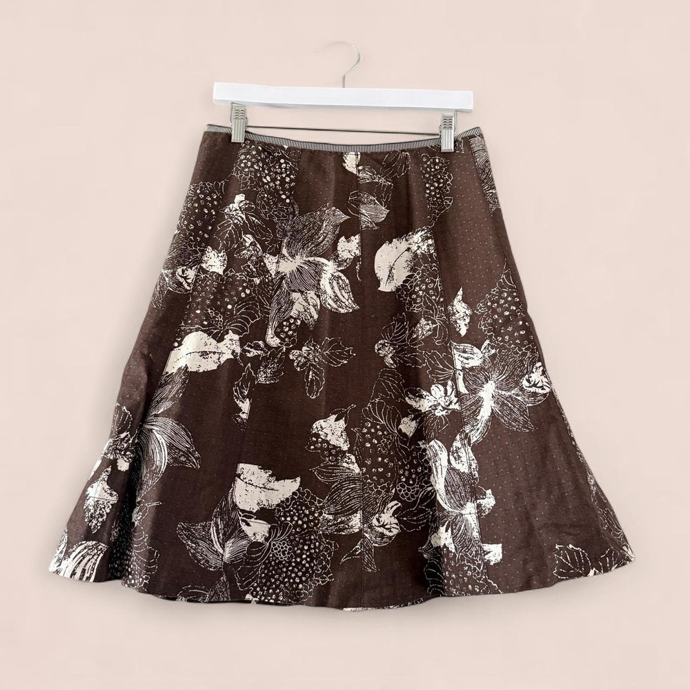 Ann Taylor Women's Size 6 Brown Floral Linen Blend A-Line Skirt